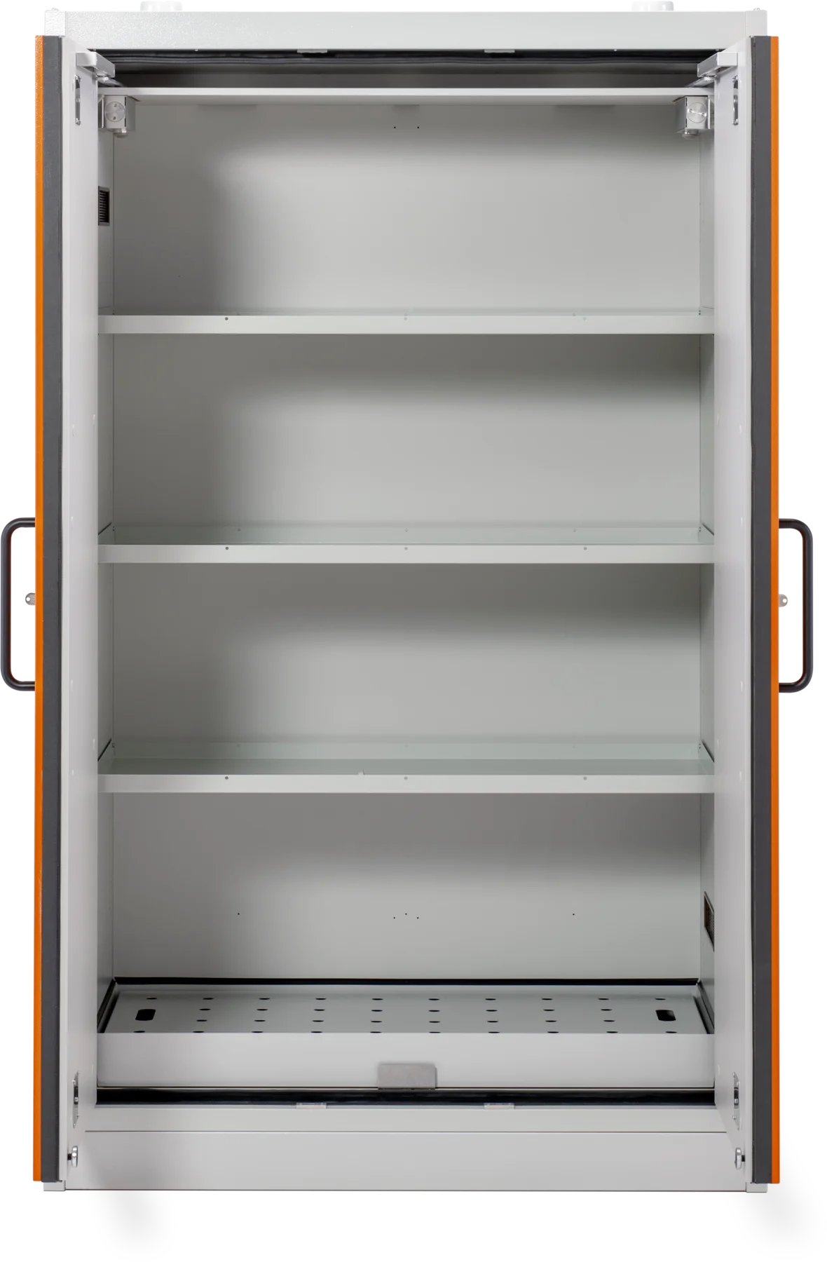CEMO PROline safety cabinet with shelves, 33 L, grey, double hinged doors, orange doors